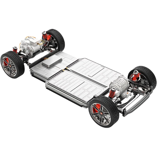 Conventional EV architecture of an electric vehicle, showcasing the battery, motors, and suspension system layout