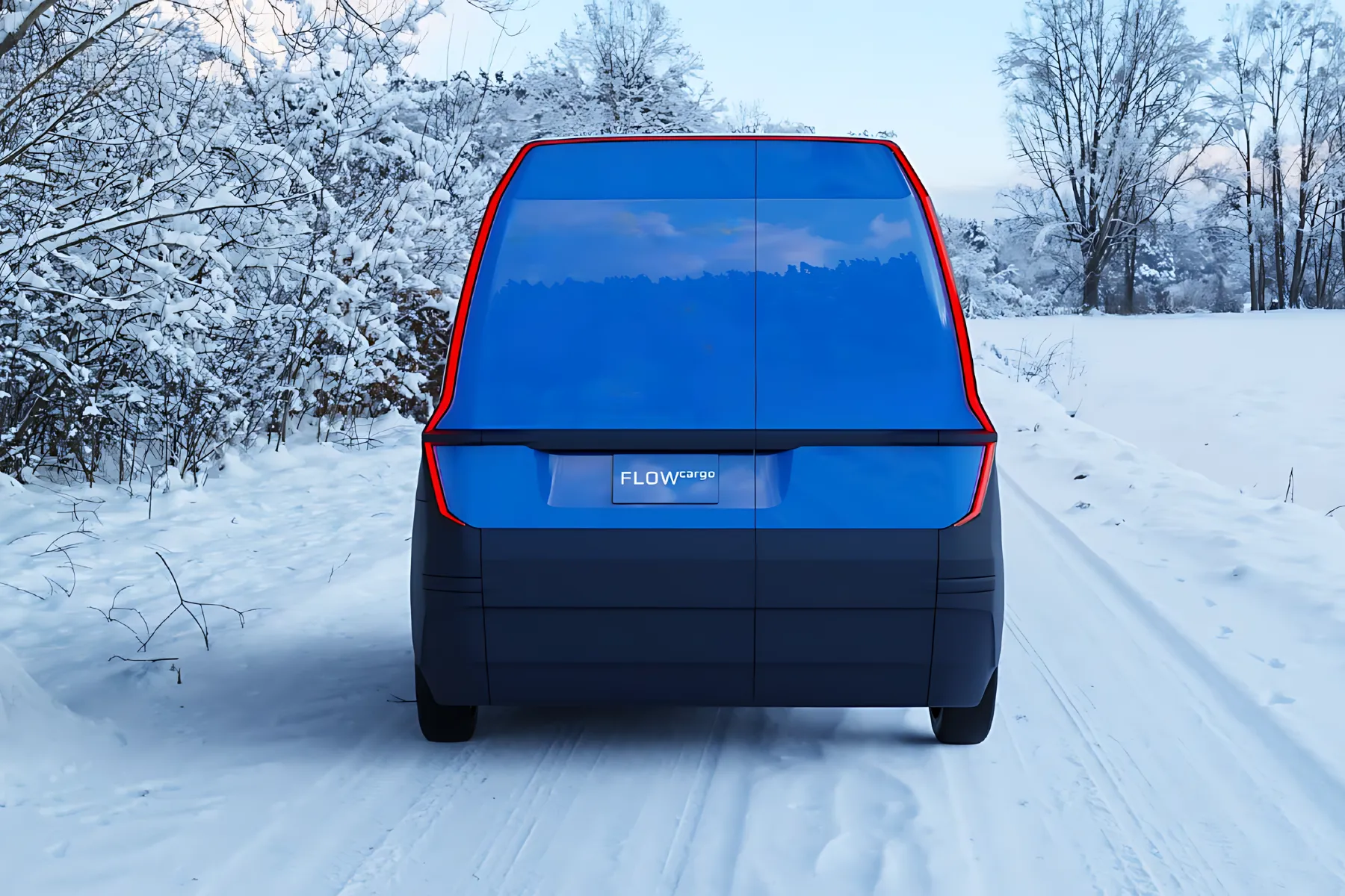 Rear view of Indigo Flow Cargo lightweight and efficient electric vehicle (EV) in blue, driving in a snowy landscape for last-mile delivery