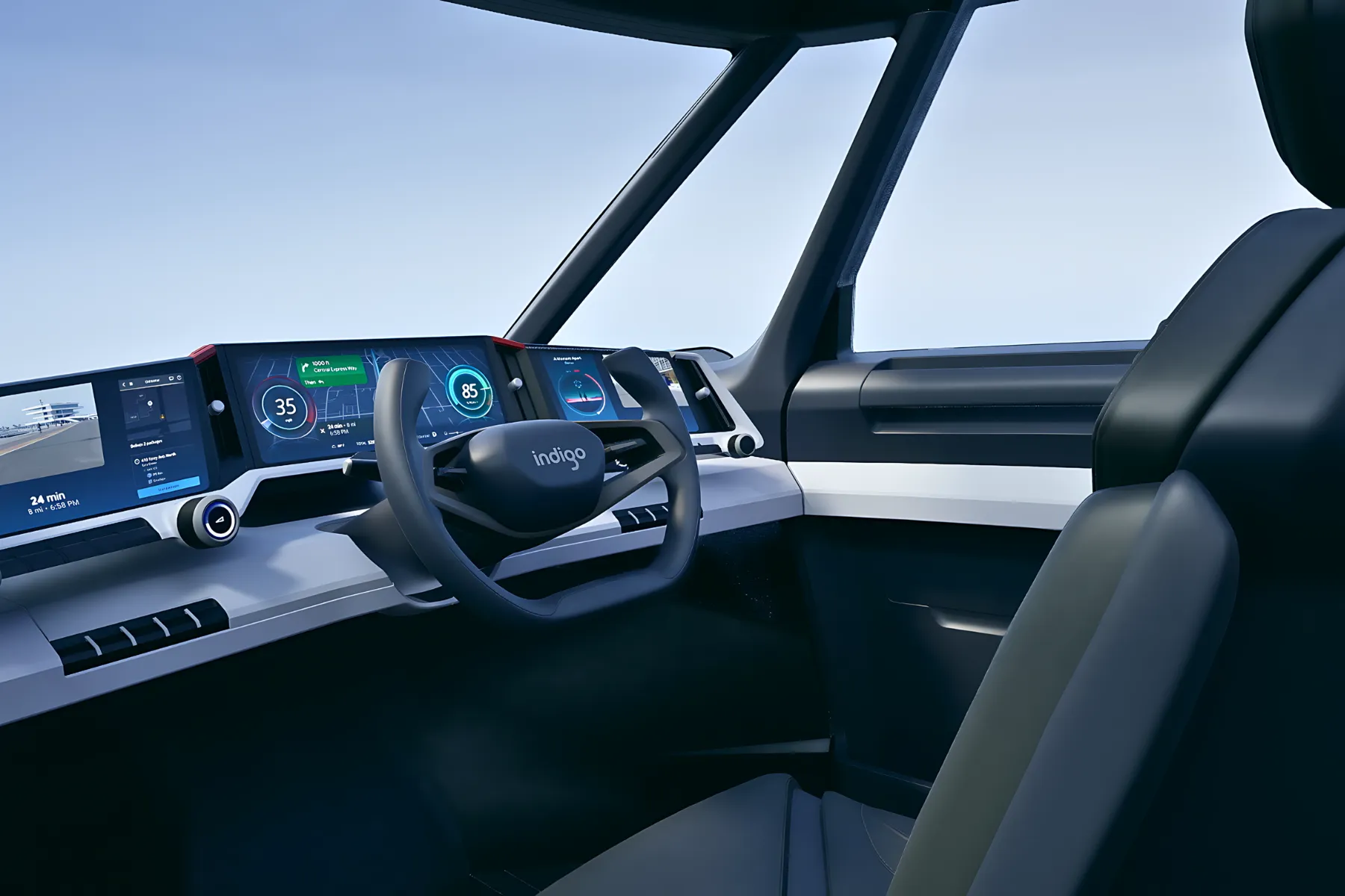 Close-up view of the dashboard and steering wheel inside the lightweight and efficient Indigo Flow Cargo electric vehicle (EV)