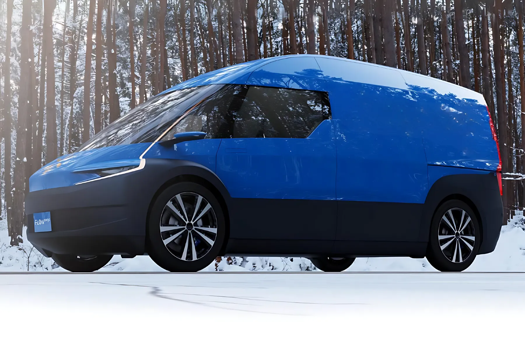 Side Profile of Indigo Flow Cargo, the lightweight and efficient electric vehicle (EV), parked in a snowy forest for last-mile delivery