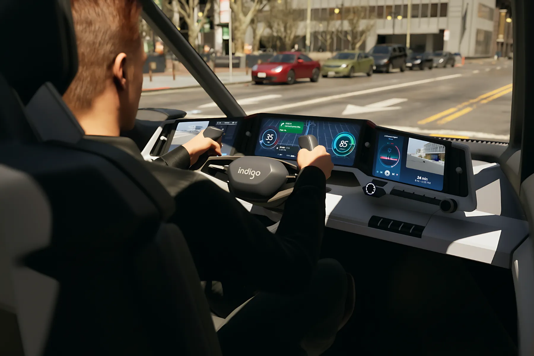 Driver’s perspective inside Indigo Flow Ride electric vehicle, featuring an advanced digital dashboard and steering system.