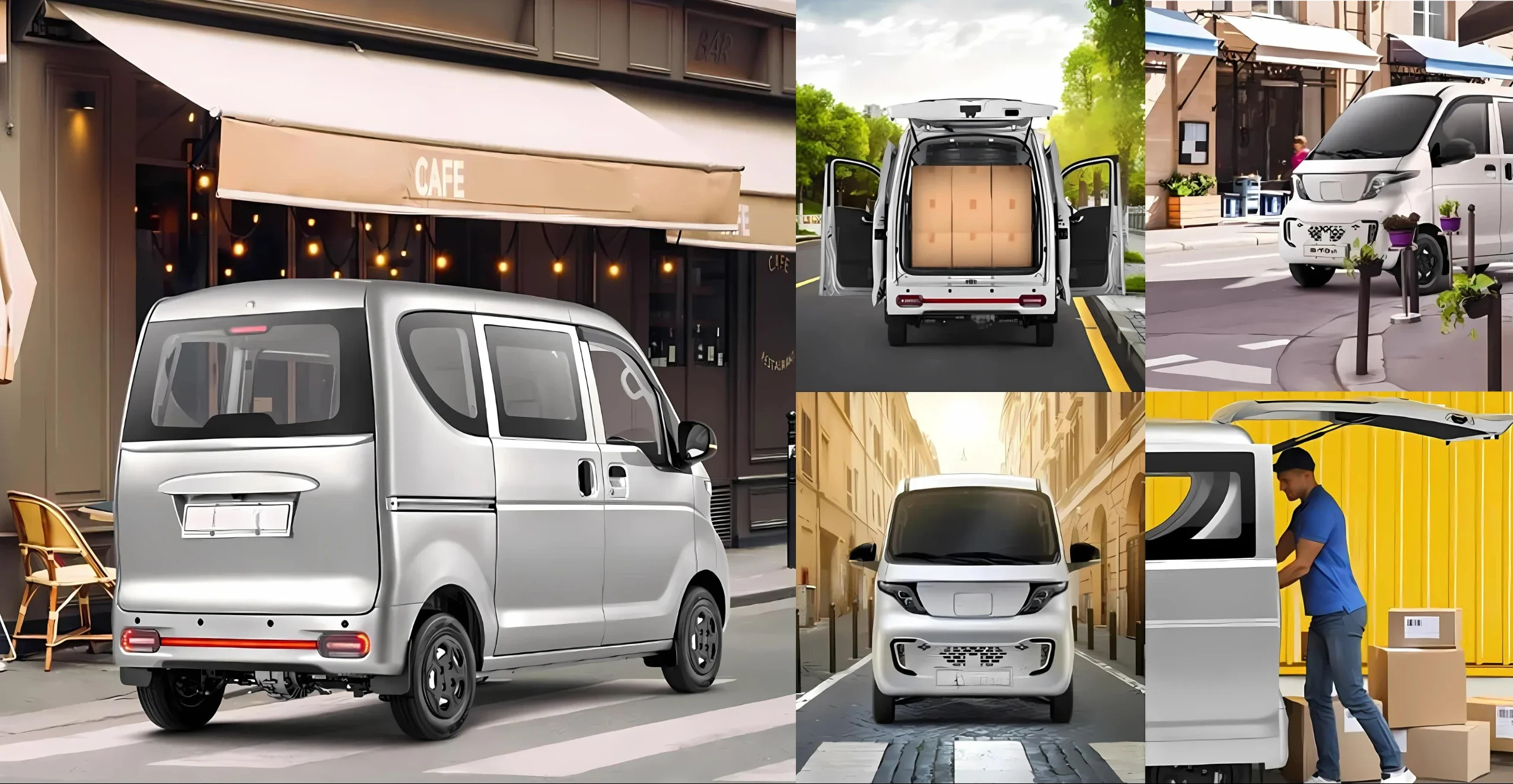 Collage of Indigo Dash electric vehicles in different urban settings, including deliveries outside a café, loading boxes, and parked on a city street