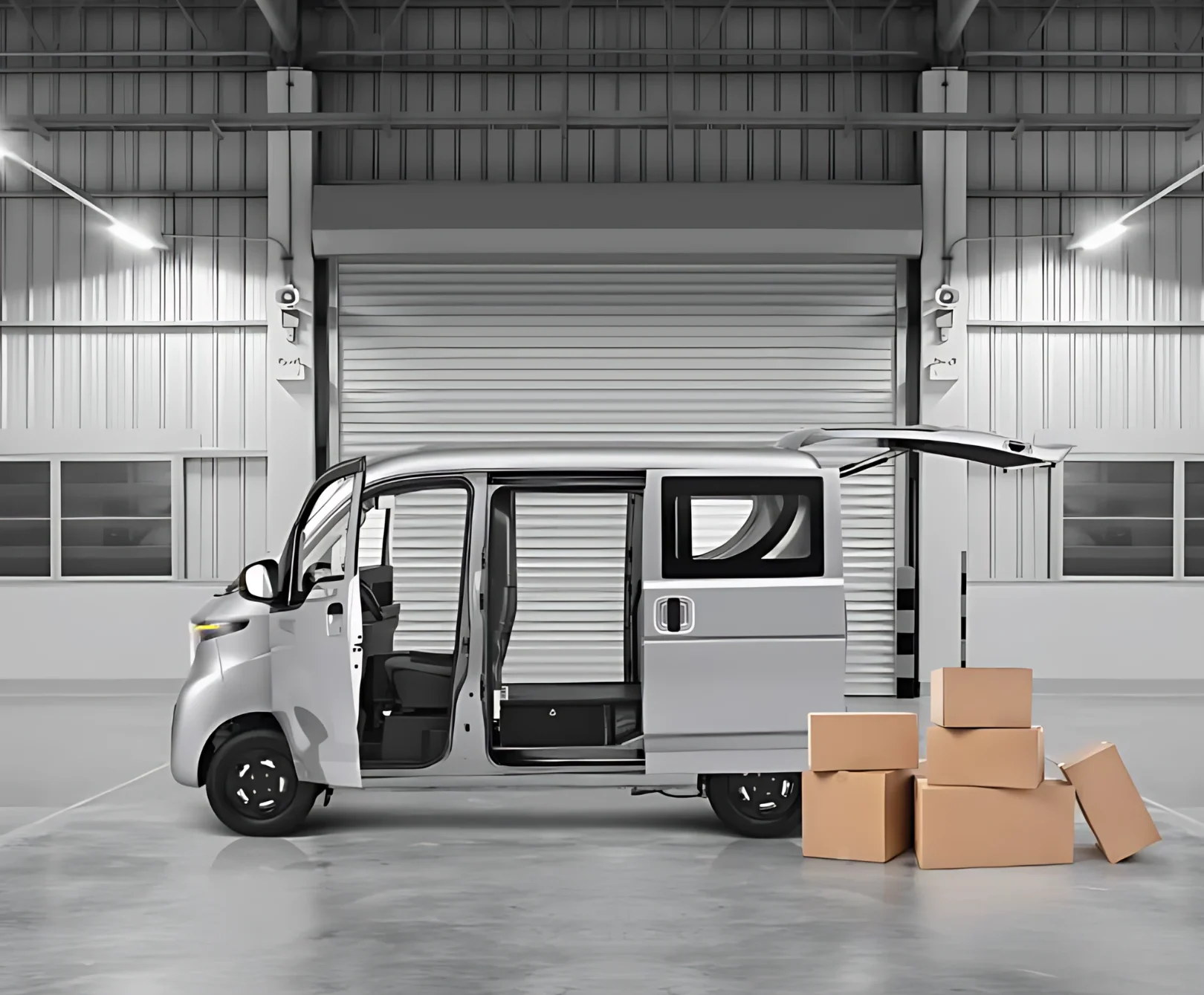 Indigo's Dash. A light utility electric vehicle with open doors, parked in a warehouse next to a stack of cardboard boxes.