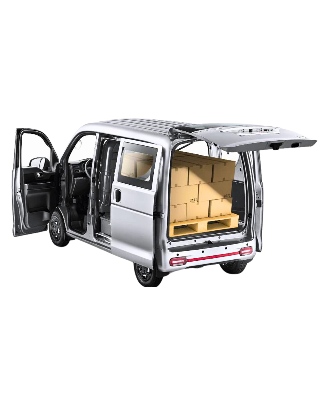 Indigo Dash utility EV shown with open doors and fully loaded cargo space, ideal for last-mile delivery solutions