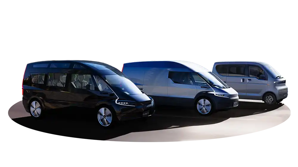 Indigo Technologies' vehicle lineup including Flow Ride for ride-hail, Flow Cargo for last-mile delivery, and Dash light utility vehicle