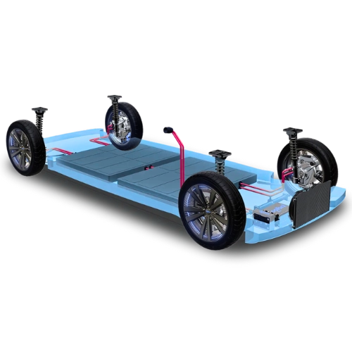 Indigo electric vehicle architecture featuring SmartWheels technology with battery, motor system, and suspension layout